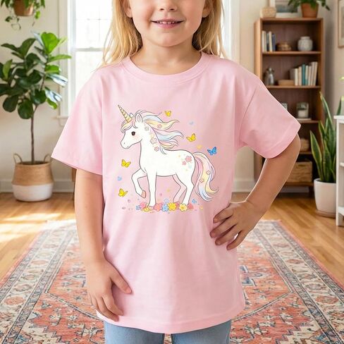 Girls Unicorn Graphic Tee Crew Neck Short Sleeve Cotton Top Soft Knit Shirt School Party Outfit Photo Session Wear in Saudi Arabia