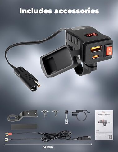 شاحن USB للدراجات النارية مع منافذ USB-C وUSB-A، كابل مقاوم للماء IP66 بطول 61 بوصة، شحن سريع 30 وات 3.0 للهاتف GPS، مفتاح تشغيل/إيقاف، صمام SAE 5A، يناسب المقاود 7/8 بوصة على ATV، UTV in Kuwait