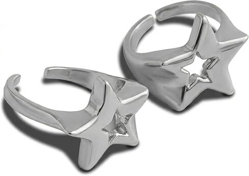 2 حزمة من خواتم النجوم Y2K الفضية للنساء والرجال، حلقات إصبع مفتوحة على شكل نجمة مجوفة مكتنزة، مجوهرات رائعة للمفاصل لهدايا حفلات الهيب هوب الجمالية in Kuwait