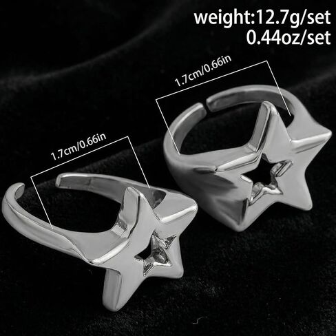 2 حزمة من خواتم النجوم Y2K الفضية للنساء والرجال، حلقات إصبع مفتوحة على شكل نجمة مجوفة مكتنزة، مجوهرات رائعة للمفاصل لهدايا حفلات الهيب هوب الجمالية in Kuwait