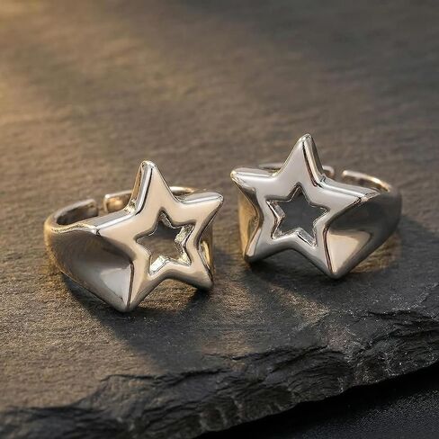 2 حزمة من خواتم النجوم Y2K الفضية للنساء والرجال، حلقات إصبع مفتوحة على شكل نجمة مجوفة مكتنزة، مجوهرات رائعة للمفاصل لهدايا حفلات الهيب هوب الجمالية in Kuwait