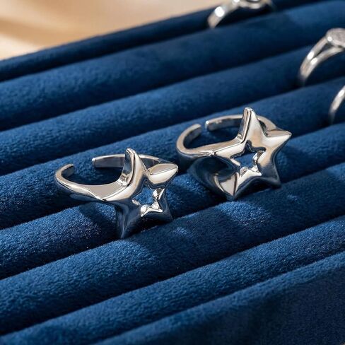 2 حزمة من خواتم النجوم Y2K الفضية للنساء والرجال، حلقات إصبع مفتوحة على شكل نجمة مجوفة مكتنزة، مجوهرات رائعة للمفاصل لهدايا حفلات الهيب هوب الجمالية in Kuwait