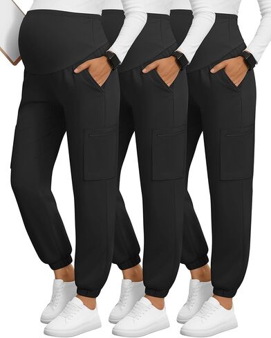 3 Pack Women's Maternity Scrub Pants, Workwear Pregnancy Jogger Pants Over Belly Yoga Sweatpants Zippered Pockets(Black,Medium) in Saudi Arabia