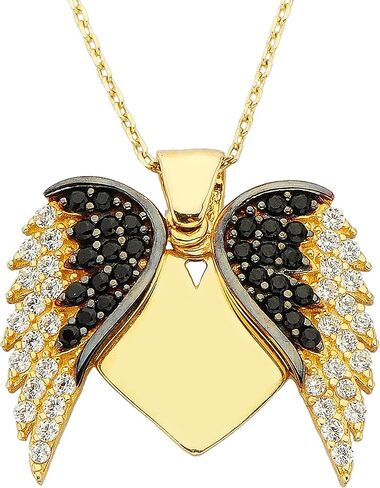 14K Real Solid Gold Elegant Double Angel Wings and Heart Personalized Pendant Necklace for Women | Custom Name Necklaces in Saudi Arabia