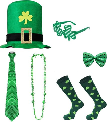 6pcs St. Patrick's Day Party Outfit Set Man St Patrick's Day Outfit for Woman Man Kids Adult Unisex Irish Shamrock Green Top Hat Bow Tie Necklace Necktie Clover Glasses Socks Irish Parade Decorations in Saudi Arabia