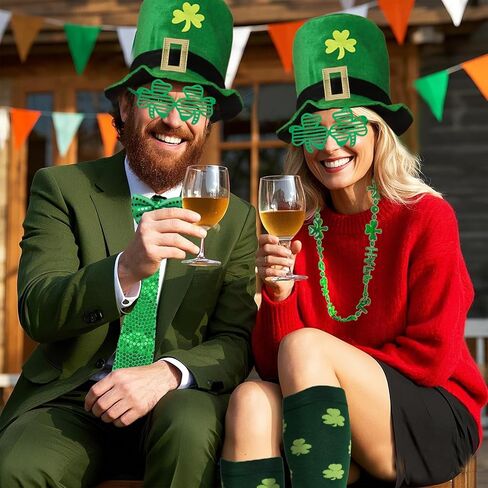 6pcs St. Patrick's Day Party Outfit Set Man St Patrick's Day Outfit for Woman Man Kids Adult Unisex Irish Shamrock Green Top Hat Bow Tie Necklace Necktie Clover Glasses Socks Irish Parade Decorations in Saudi Arabia