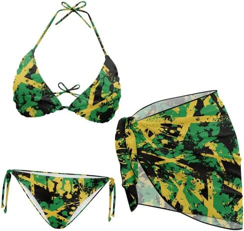 Ditsy Floral Women 3 Piece Swimsuits Marble Fluid Halter Stretch Bikini Jamaican Flag with Beach Cover Up Wrap Skirt in Saudi Arabia
