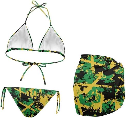 Ditsy Floral Women 3 Piece Swimsuits Marble Fluid Halter Stretch Bikini Jamaican Flag with Beach Cover Up Wrap Skirt in Saudi Arabia