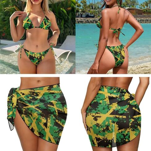 Ditsy Floral Women 3 Piece Swimsuits Marble Fluid Halter Stretch Bikini Jamaican Flag with Beach Cover Up Wrap Skirt in Saudi Arabia