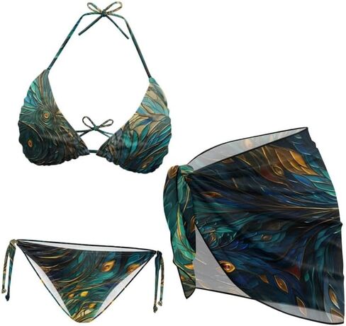 Ditsy Floral Women 3 Piece Swimsuits Marble Fluid Halter Stretch Bikini Jamaican Flag with Beach Cover Up Wrap Skirt in Saudi Arabia