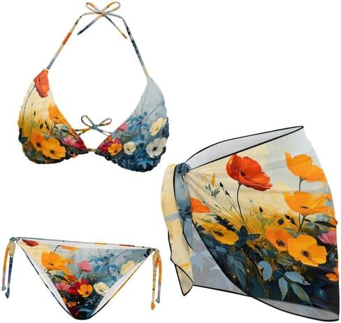 Ditsy Floral Women 3 Piece Swimsuits Marble Fluid Halter Stretch Bikini Jamaican Flag with Beach Cover Up Wrap Skirt in Saudi Arabia