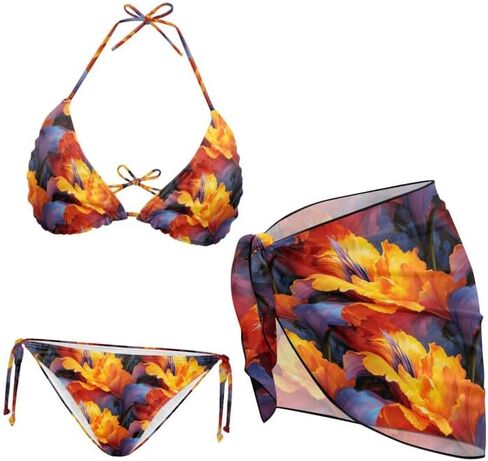 Ditsy Floral Women 3 Piece Swimsuits Marble Fluid Halter Stretch Bikini Jamaican Flag with Beach Cover Up Wrap Skirt in Saudi Arabia