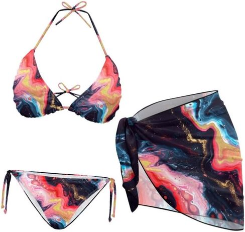 Ditsy Floral Women 3 Piece Swimsuits Marble Fluid Halter Stretch Bikini Jamaican Flag with Beach Cover Up Wrap Skirt in Saudi Arabia