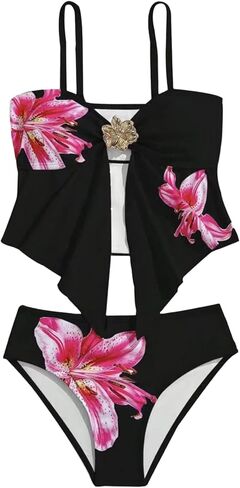 Women's Floral Print 2 Piece Bikini Sets 3D Flower Camisole Tops Sleeveless Bathing Suit Swimsuits in Saudi Arabia