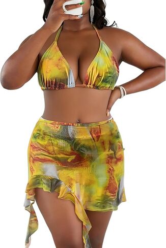 مثير المرأة زائد حجم 3 قطعة ملابس السباحة الأزهار طباعة المايوه الرسن مثلث بيكيني مجموعة مع التستر تنورة in Kuwait