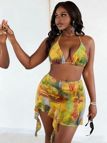 مثير المرأة زائد حجم 3 قطعة ملابس السباحة الأزهار طباعة المايوه الرسن مثلث بيكيني مجموعة مع التستر تنورة in Kuwait