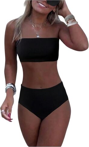 Women's 2 Piece Bikini Sets Ribbed Knit Bandeau Top and High Waisted Panties Summer Swimwear in Saudi Arabia