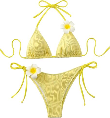 WDIRARA Women's 2 Piece Swimsuit 3D Floral Textured Halter Thong Bikini Set Tie Back Bathing Suit in Saudi Arabia