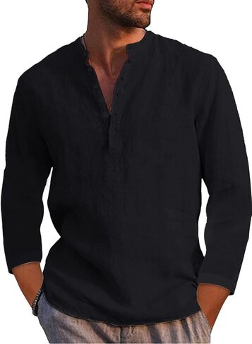 Mens Linen Henley Shirts Long Sleeve Casual Henleys Shirt in Saudi Arabia