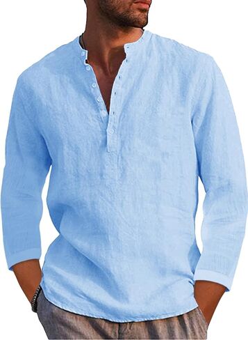 Mens Linen Henley Shirts Long Sleeve Casual Henleys Shirt in Saudi Arabia