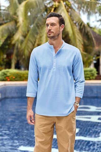 Mens Linen Henley Shirts Long Sleeve Casual Henleys Shirt in Saudi Arabia