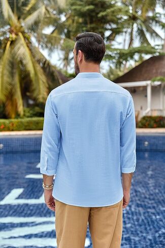 Mens Linen Henley Shirts Long Sleeve Casual Henleys Shirt in Saudi Arabia