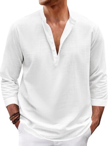 Mens Linen Henley Shirts Long Sleeve Casual Henleys Shirt in Saudi Arabia