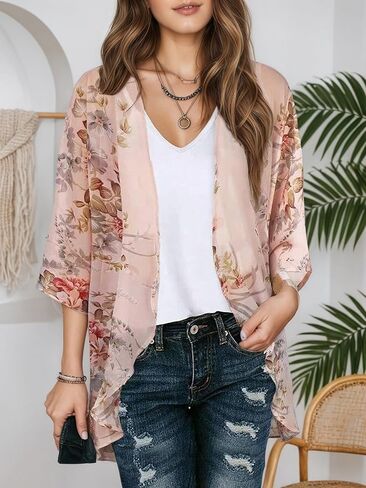 Womens Open Front Vintage Floral Print Short Sleeve Swimwear Cardigan Casual Elegant Holiday Beach Cover Up in Saudi Arabia