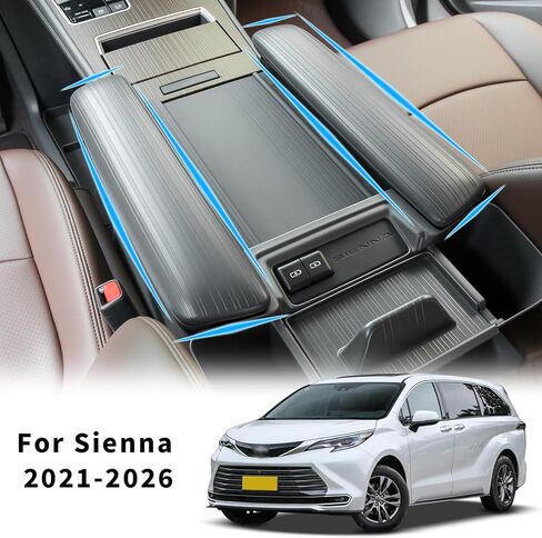 قطعتان من الغطاء الجانبي لمسند الذراع لوحدة التحكم المركزية لسيارة Toyota Sienna 2021-2026 من السيليكون لصندوق تخزين مسند الذراع وغطاء جانبي متوافق مع LE/XLE/XSE/Woodland Edition/Limited/Platinum (رمادي) in Kuwait