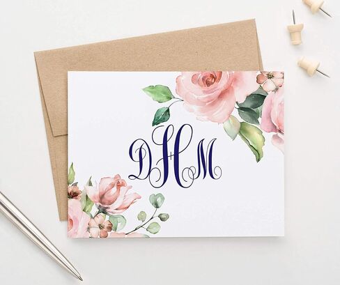 Floral Monogram Stationary Set FOLDED NOTE CARDS, Monogrammed Stationary Set with Envelopes, Personalized Monogram Stationery Set for Women, Your Choice of Colors and Quantity in Kuwait