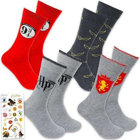 Harry Potter Socks for Men - 4 Pc Bundle with Hogwarts Crew Length Socks for Men Plus Stickers | Harry Potter Gift Set for Teens, Boys in Saudi Arabia