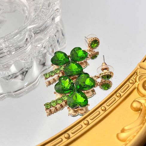 أقراط متدلية أنيقة من الفضة لعيد القديس باتريك على شكل البرسيم أقراط كريستال خضراء للنساء مجوهرات عصرية للسيدات in Kuwait
