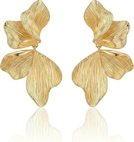 Gold Flower Drop Earrings for Women, Large Statement Dangle Earrings for Wedding Party, Hypoallergenic 18K Gold Plated Textured Petal Wing Jewelry, Birthday Gifts for Her in Kuwait