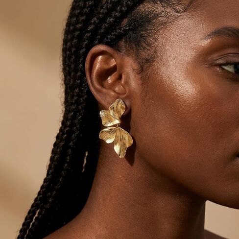 Gold Flower Drop Earrings for Women, Large Statement Dangle Earrings for Wedding Party, Hypoallergenic 18K Gold Plated Textured Petal Wing Jewelry, Birthday Gifts for Her in Kuwait