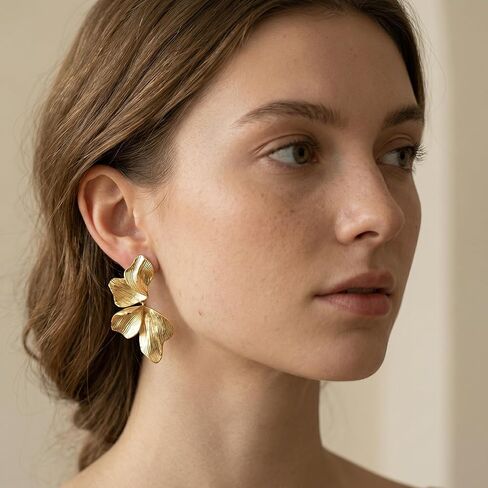 Gold Flower Drop Earrings for Women, Large Statement Dangle Earrings for Wedding Party, Hypoallergenic 18K Gold Plated Textured Petal Wing Jewelry, Birthday Gifts for Her in Kuwait
