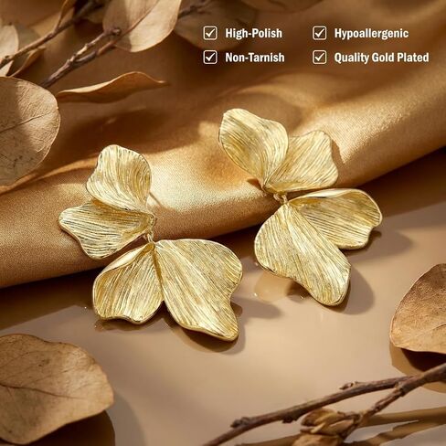 Gold Flower Drop Earrings for Women, Large Statement Dangle Earrings for Wedding Party, Hypoallergenic 18K Gold Plated Textured Petal Wing Jewelry, Birthday Gifts for Her in Kuwait