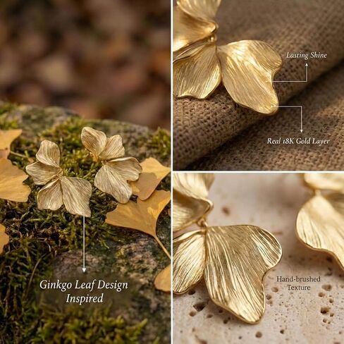 Gold Flower Drop Earrings for Women, Large Statement Dangle Earrings for Wedding Party, Hypoallergenic 18K Gold Plated Textured Petal Wing Jewelry, Birthday Gifts for Her in Kuwait