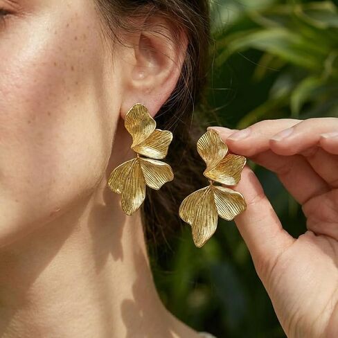 Gold Flower Drop Earrings for Women, Large Statement Dangle Earrings for Wedding Party, Hypoallergenic 18K Gold Plated Textured Petal Wing Jewelry, Birthday Gifts for Her in Saudi Arabia