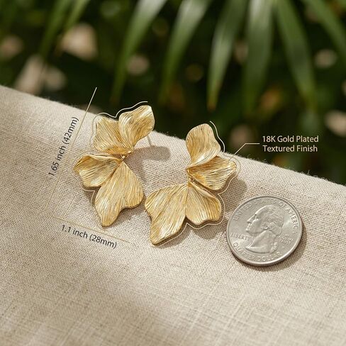 Gold Flower Drop Earrings for Women, Large Statement Dangle Earrings for Wedding Party, Hypoallergenic 18K Gold Plated Textured Petal Wing Jewelry, Birthday Gifts for Her in Saudi Arabia