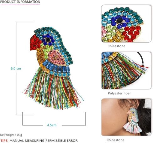 Parrot Earrings for Women, Bird Parrot Tassel Earrings for Womens, Rhinestone Parrot Dangle Earring Hypoallergenic, Cubic Zirconia Parrot Drop Earring, Parrot Jewelry Funny earrings in Saudi Arabia