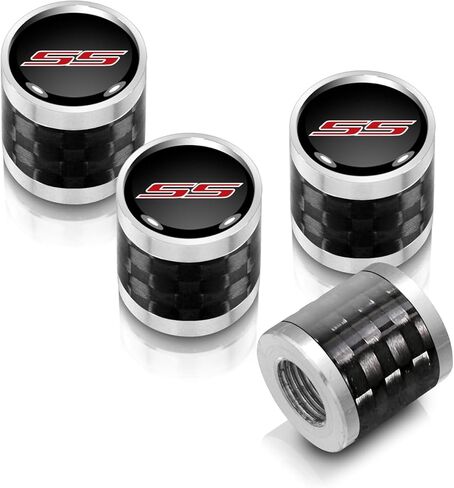 iPick Image for Chevrolet Camaro SS Logo on Real Carbon Fiber Barrel Black Aluminum Tire Valve Stem Caps (Black/Silver) in Saudi Arabia