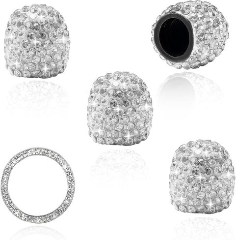 YoRise 4PCS Bling Car Tire Valve Stem Caps, Dustproof Tire Valve Caps with Engine Button Cover, Bling Rhinestone Wheel Stem Cap & Ignition Ring Car Decorations for Cars, SUVs, Motorcycles (White) in Saudi Arabia