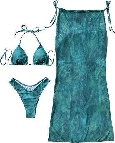 SherryDC Women's 3 Pieces Swimsuit Sexy High Cut Triangle Halter Tie Side Bikini Set Bathing Suit with Mesh Cover up Skirts in Kuwait