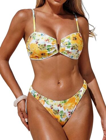 ZAFUL المرأة 2 قطعة مجموعة البكيني الأزهار طباعة الخامس السلكية حمالة الدانتيل يصل التعادل الخلفي عالية قطع العصابة لباس سباحة ملابس السباحة in Saudi Arabia