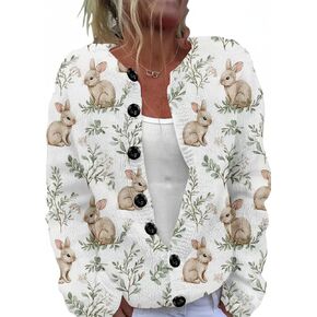 Plus Size Women's Rabbit Floral Print Cardigan, Cute Bunny Knit Sweater, Soft Button Front Round Neck Pullover in Kuwait