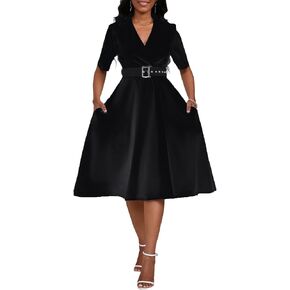 Women's Short Sleeve Midi Dress Elegant Lapel V Neck Office Dress Belted A Line Dress with Pockets in Kuwait