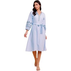 Women's Embroidered Midi Dress W Detachable Belt, Lounge House Dresses - 2025 Fall Fashion Long Sleeve Dress in Saudi Arabia