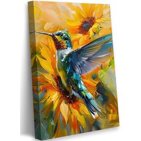 Colorful Hummingbird Canvas Wall Art, 2D No Texture Sunflower Painting Wall Decor, Yellow Humming Bird Picture for Wall Living Room Bathroom Bedroom Home Decoration 12*18 in (Stretched Canvas on A Wooden Frame) in Kuwait