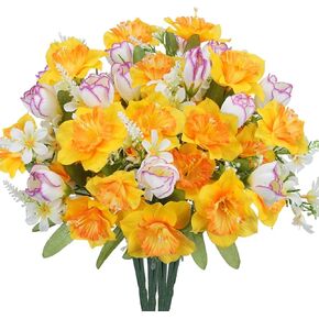 HUAESIN 4 Bundles Daffodils Artificial Flowers Silk Narcissus Yellow Easter Flower Bouquets with Faux Tulip for Vase Fake Spring Cemetery Flowers for Grave Home Kitchen Table Centerpieces Outdoor in Kuwait