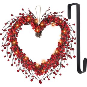 DR.DUDU إكليل عيد الحب، 15 بوصة LED مضاءة على شكل قلب التوت الأحمر أكاليل عيد الحب للباب الأمامي، أكاليل صناعية تعمل بالبطارية لتزيين المنزل لرف الجدار الداخلي الخارجي in Kuwait